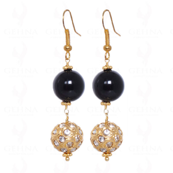 Black Onyx Gemstone Round Bead Earrings With Jadau Ball LE01-1005