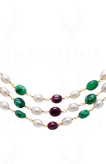 3 Row Emerald Pink Spinel Pearl Chain In .925 Sterling Silver Cm1005
