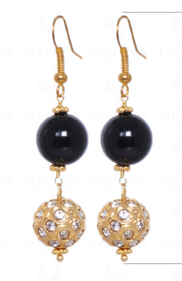 Black Onyx Gemstone Round Bead Earrings With Jadau Ball LE01-1005