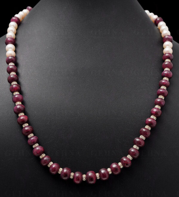Pearl & Ruby Gemstone Bead Necklace With .925 Sterling Silver Elements NM-1005