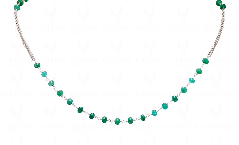 Green Color Emerald Gemstone Bead Chain Linked In .925 Stering Silver CP-1006
