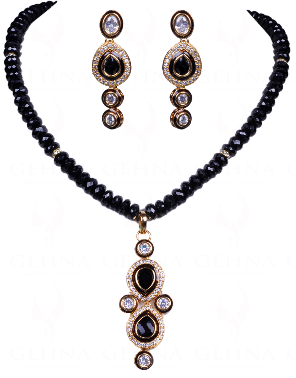 Natural Black Spinel Faceted Bead With Black Onyx Studded Pendant Set FN-1006