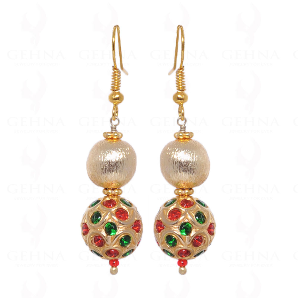 Emerald & Ruby Stone Studded Jadau Ball Earrings With Vermeil Bead LE01-1006