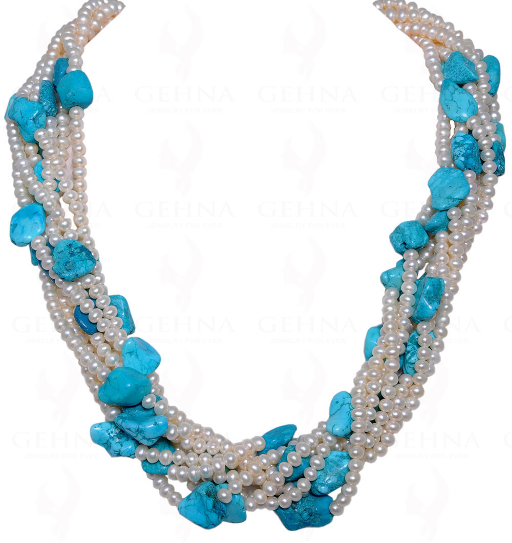 Natural Sea Water Pearl & Turquoise Gemstone Tumble Twisted Necklace NM-1006
