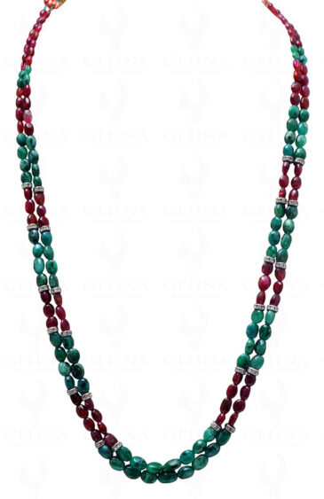 2 Rows Emerald & Pink Spinel Gemstone Oval Shaped Bead Necklace NP-1006