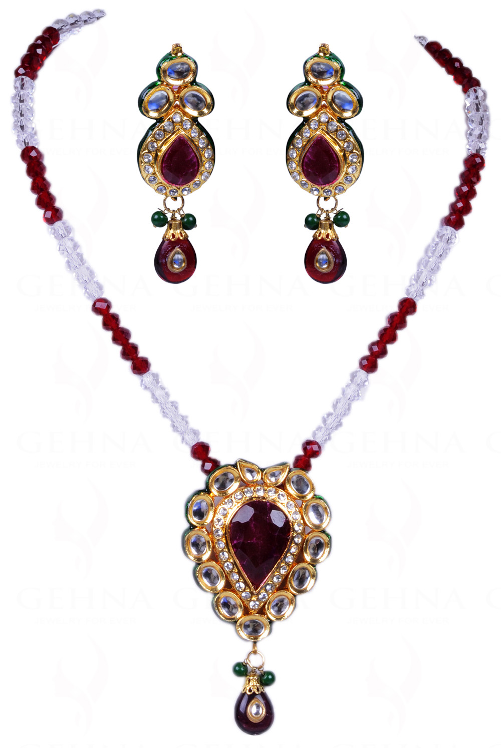 Tradition Jewelry - Ruby Color Stone & White Topaz Studded Pendant Set FN-1007