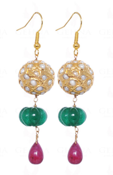 Emerald & Ruby Gemstone Bead Earrings With Pearl Studded Jadau Ball LE01-1007