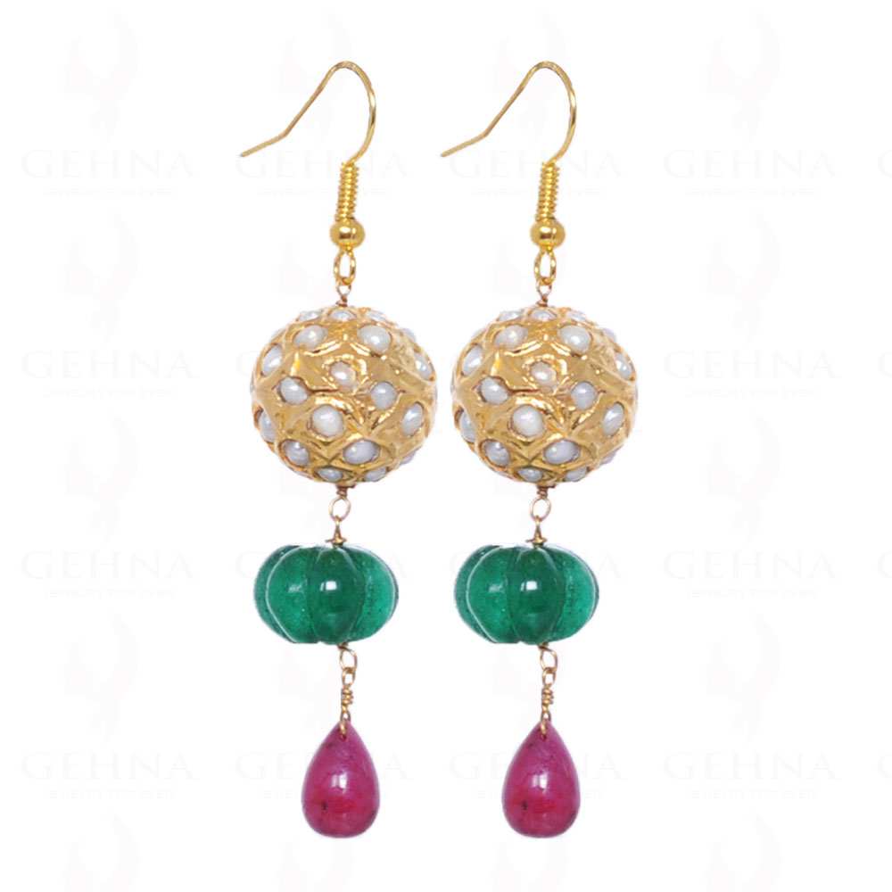 Emerald & Ruby Gemstone Bead Earrings With Pearl Studded Jadau Ball LE01-1007