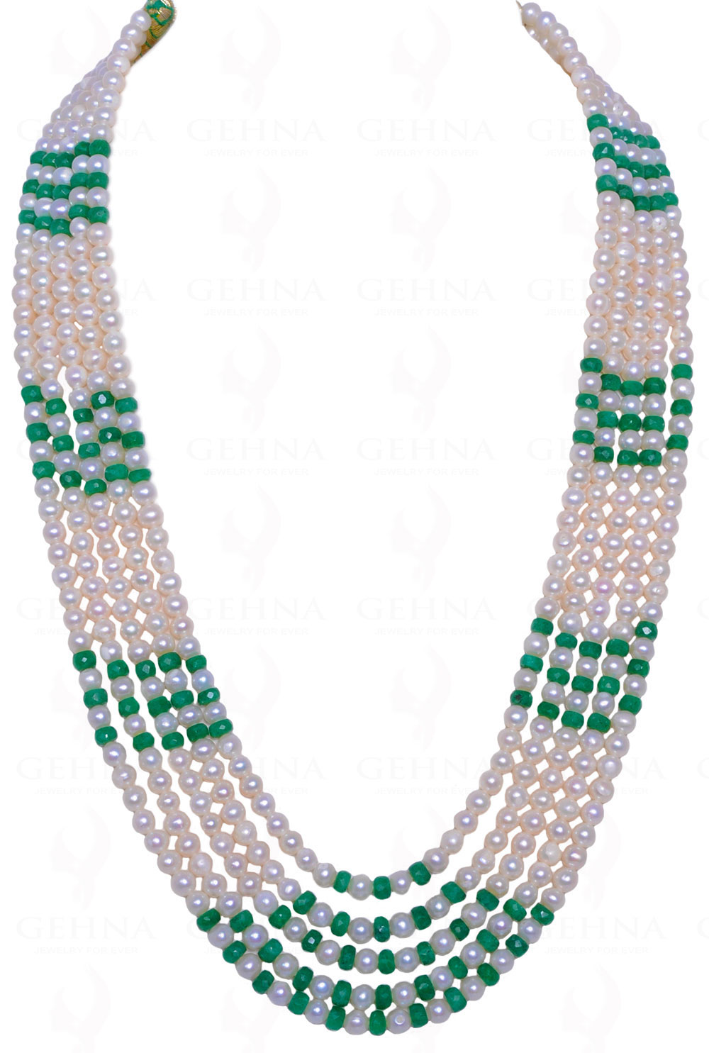 5 Rows Of Natural Sea Water Pearl & Emerald Gemstone Bead Necklace NM-1007