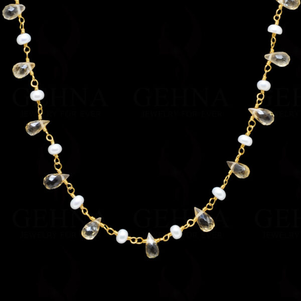 18" Citrine Drops Pearl Bead Chain In .925 Sterling Silver Cm1007