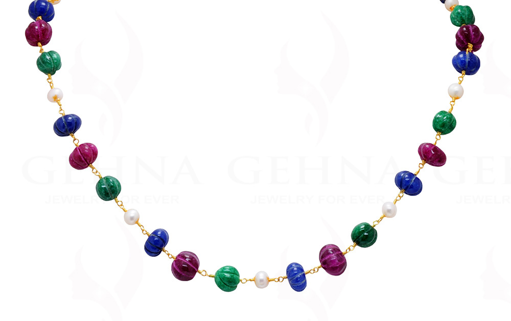 Emerald Ruby Sapphire & Pearl Bead Chain In .925 Sterling Silver Cm1008