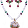 Multi Color Stone Studded Pendant & Earring Set With Pearl Chain FN-1008
