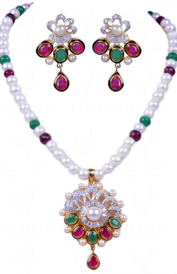 Multi Color Stone Studded Pendant & Earring Set With Pearl Chain FN-1008