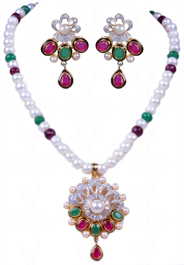 Multi Color Stone Studded Pendant & Earring Set With Pearl Chain FN-1008