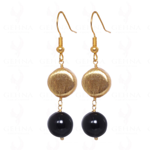Black Onyx Gemstone Round Cabochon Bead Earrings With Silver Elements LE01-1008