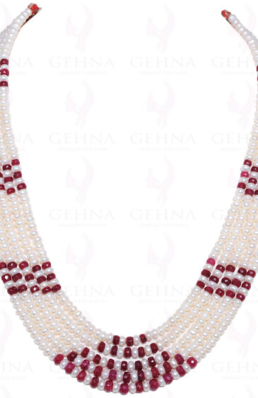 5 Rows Of Natural Sea Water Pearl & Ruby Gemstone Bead Necklace NM-1008
