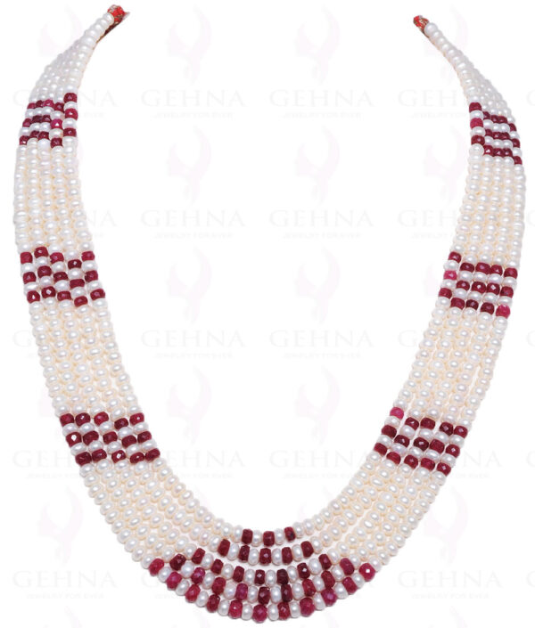 5 Rows Of Natural Sea Water Pearl & Ruby Gemstone Bead Necklace NM-1008