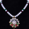 Multi Color Stone Studded Pendant & Earring Set With Pearl Chain FN-1008