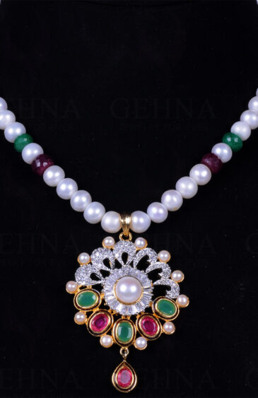 Multi Color Stone Studded Pendant & Earring Set With Pearl Chain FN-1008