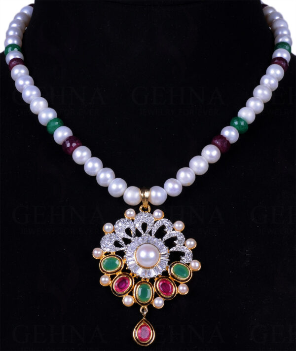 Multi Color Stone Studded Pendant & Earring Set With Pearl Chain FN-1008