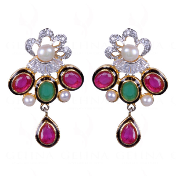 Multi Color Stone Studded Pendant & Earring Set With Pearl Chain FN-1008