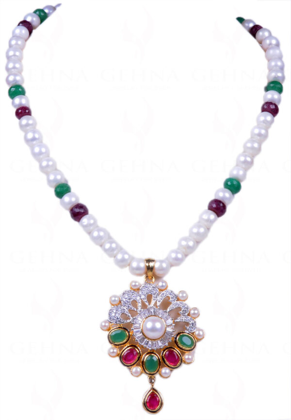 Multi Color Stone Studded Pendant & Earring Set With Pearl Chain FN-1008