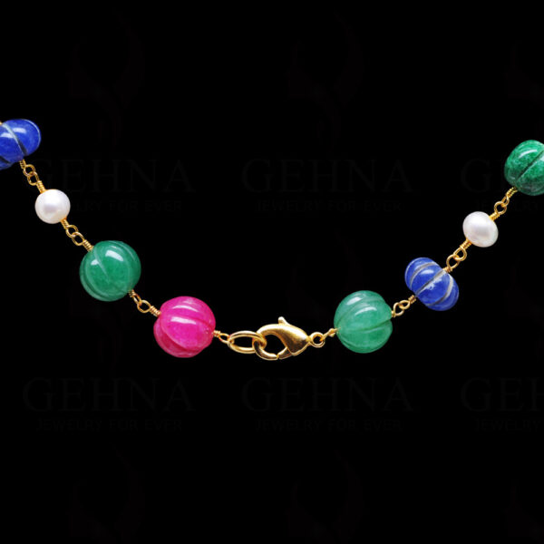 Emerald Ruby Sapphire & Pearl Bead Chain In .925 Sterling Silver Cm1008