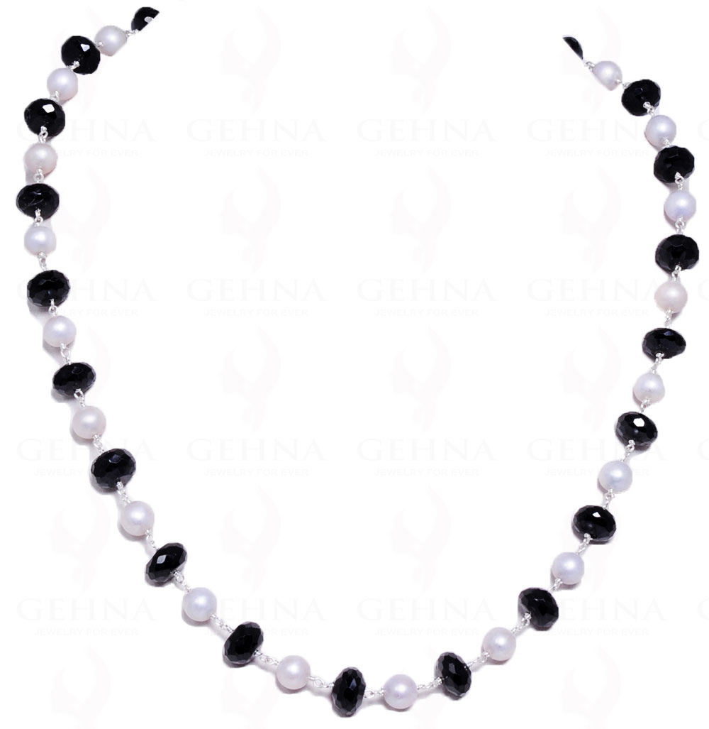 18" Black Spinel & Pearl Bead Chain In .925 Sterling Silver Cm1009