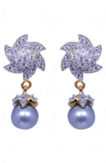 Pearl & Simulated Diamond Studded Flower Shape Earrings FE-1009