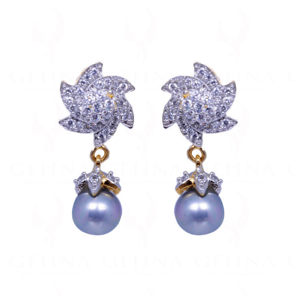 Pearl & Simulated Diamond Studded Flower Shape Earrings FE-1009