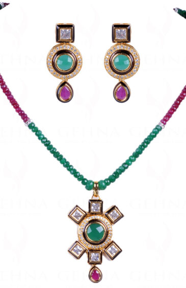 Emerald & Ruby Gemstone Faceted Bead Studded Pendant Set FN-1009