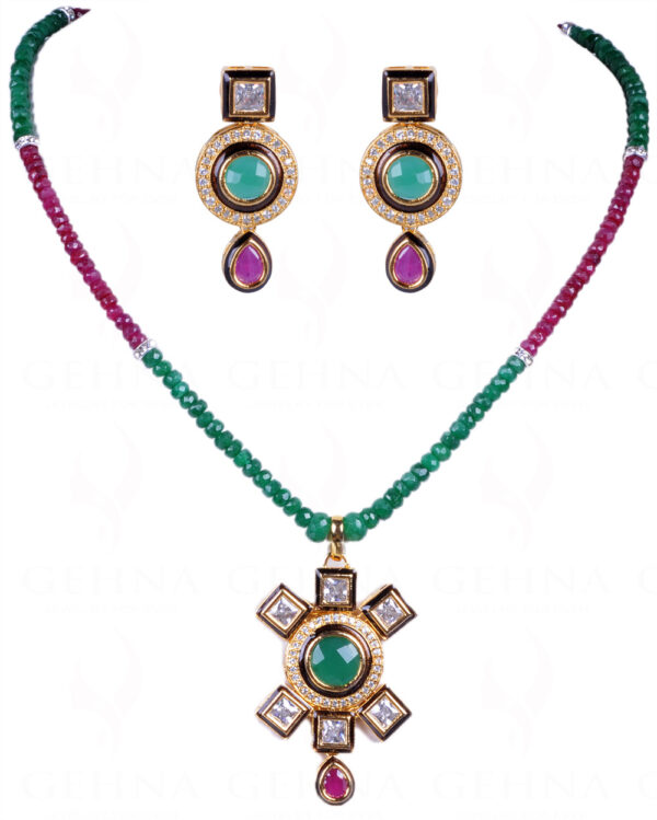 Emerald & Ruby Gemstone Faceted Bead Studded Pendant Set FN-1009