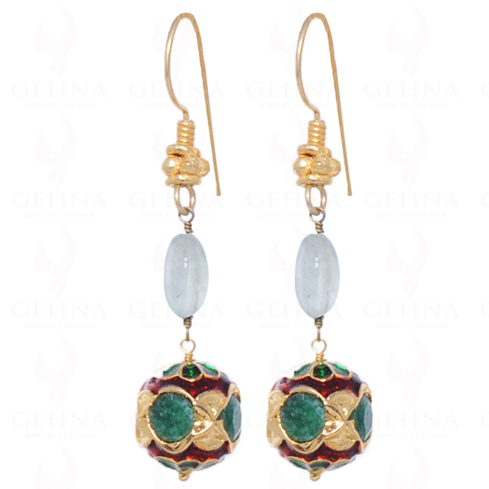 Aquamarine & Emerald Gemstone Bead Earrings With Enamel Work LE01-1009