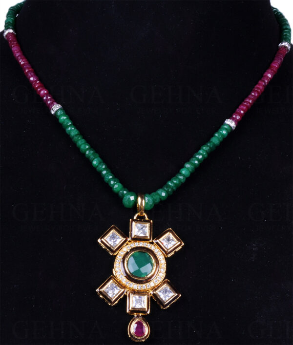 Emerald & Ruby Gemstone Faceted Bead Studded Pendant Set FN-1009