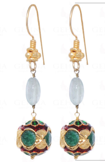 Aquamarine & Emerald Gemstone Bead Earrings With Enamel Work LE01-1009