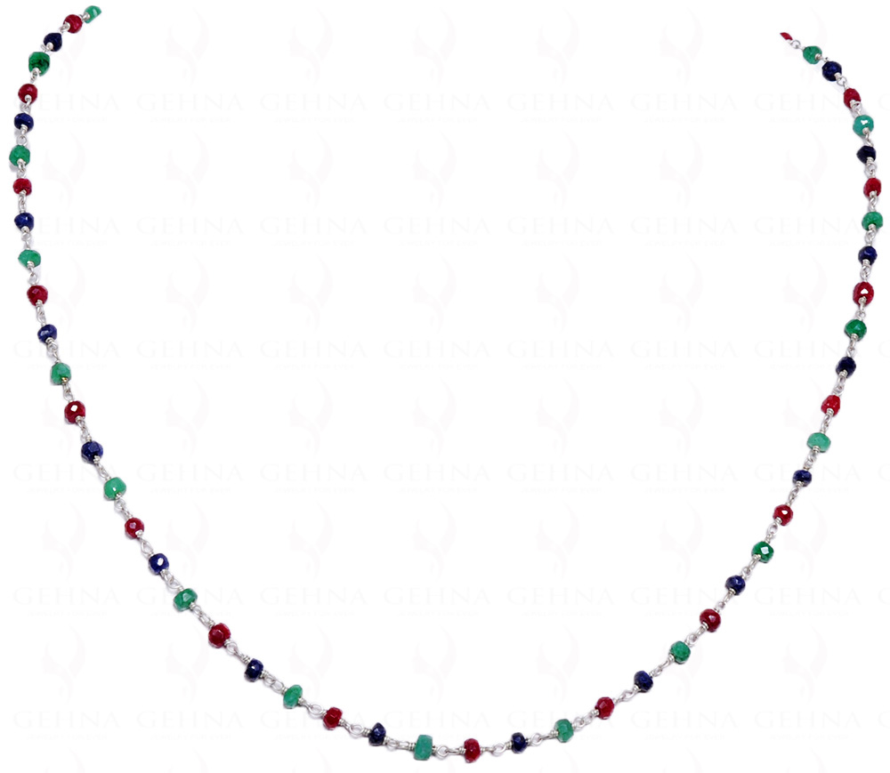 Emerald, African Ruby & Sapphire Faceted Bead Chain Linked In .925 Silver CP-1010