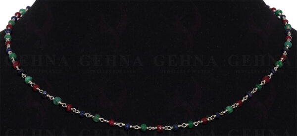 Emerald, African Ruby & Sapphire Faceted Bead Chain Linked In .925 Silver CP-1010