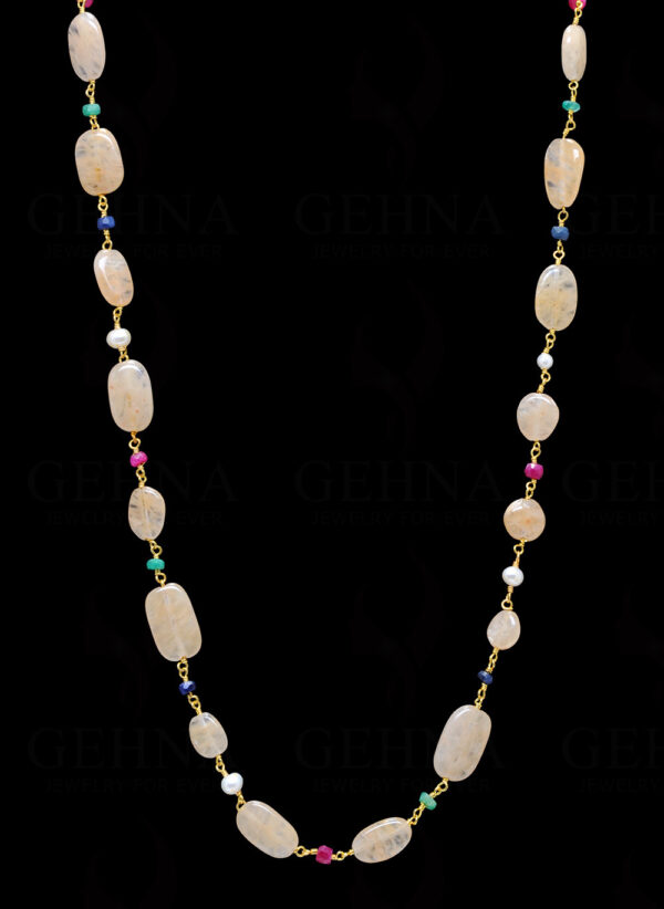 18" Multi Color Gemstone & Pearl Bead Chain In .925 Sterling Silver Cm1010