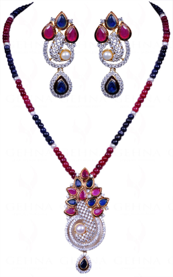 Pearl Ruby & Blue Sapphire Gemstone Beads With Peacock Theme Pendant Set FN-1011