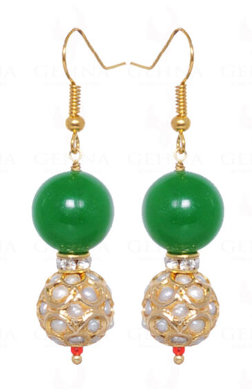 Green Onyx Gemstone Bead Earrings With Pearl Studded Jadau Ball LE01-1011