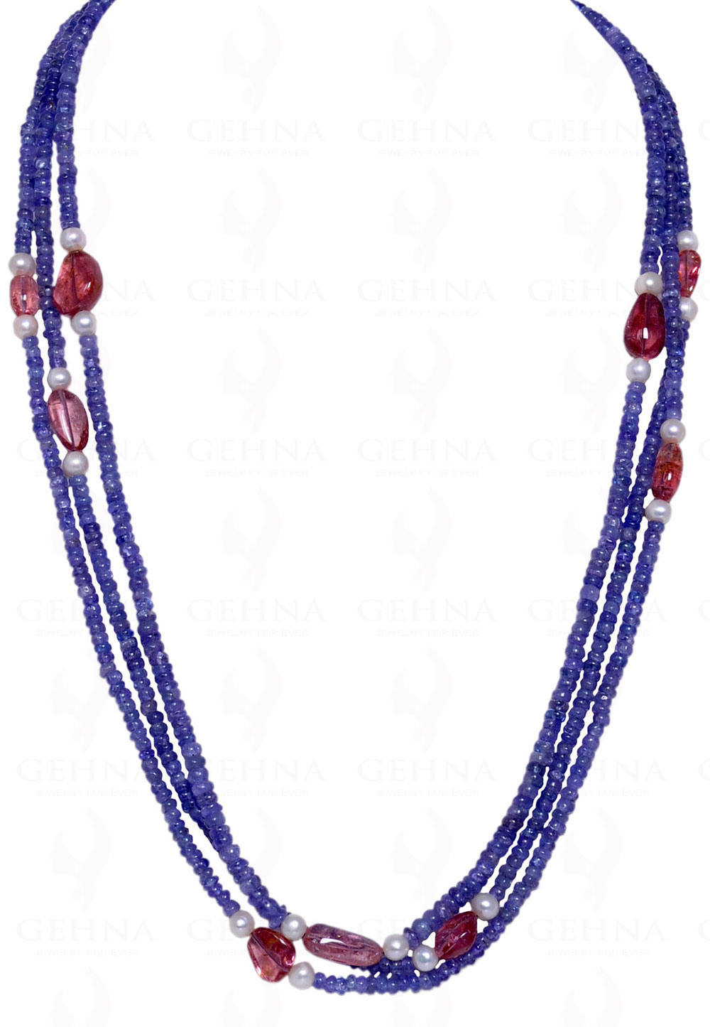 64" Inches Long Pearl Tanzanite & Tourmaline Gemstone Bead Necklace NM-1011