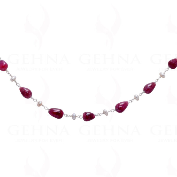 18" Ruby Gemstone Tear Drop Pearl Chain In .925 Sterling Silver Cm1011