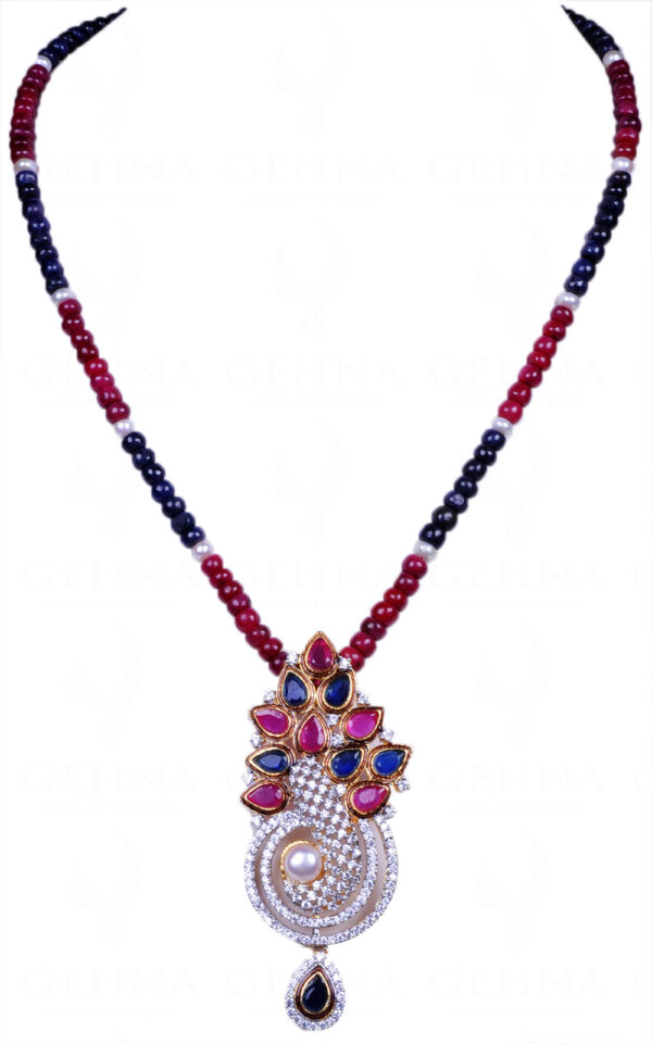 Pearl Ruby & Blue Sapphire Gemstone Beads With Peacock Theme Pendant Set FN-1011