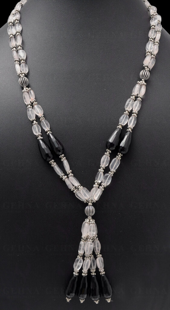 2 Rows of Rose Quartz & Black Spinel Gemstone Bead Necklace Set NS-1011