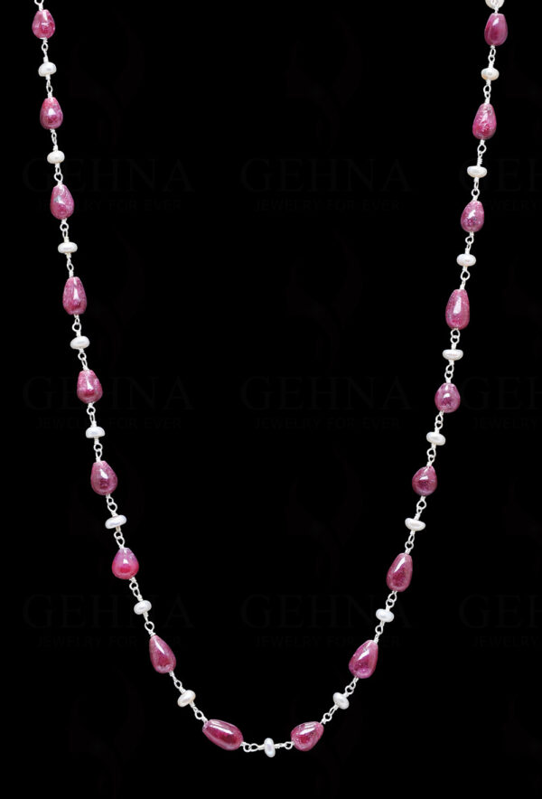 18" Ruby Gemstone Tear Drop Pearl Chain In .925 Sterling Silver Cm1011
