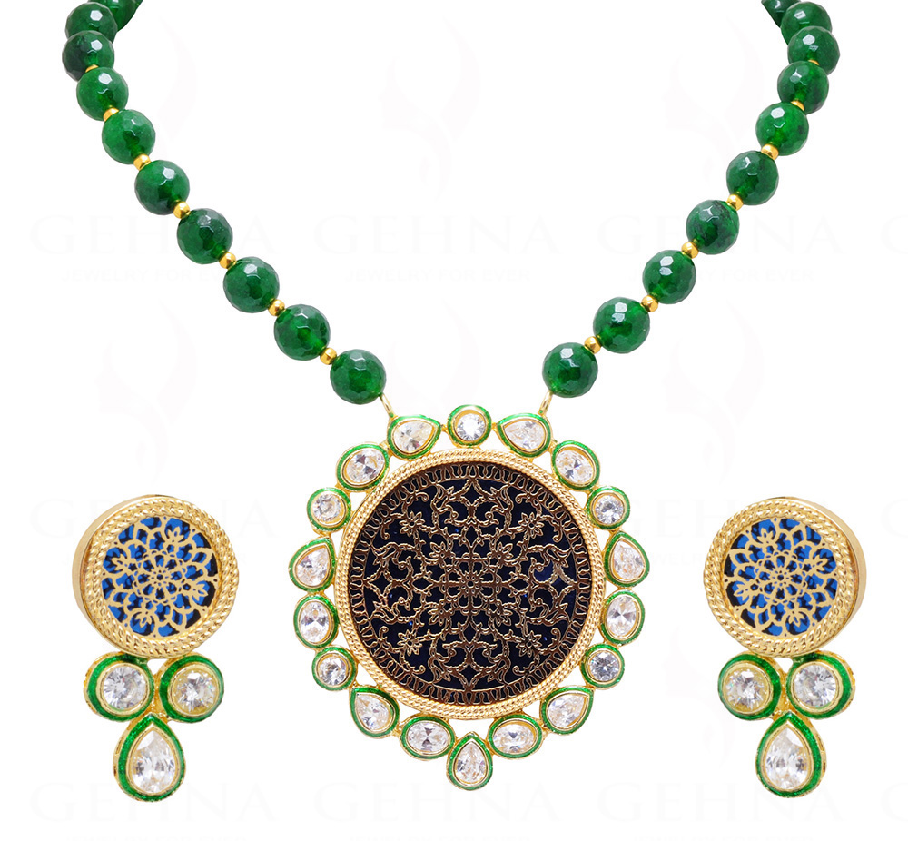 Blue Color Thewa Pendant & Earring Set Attached With Jade Color Beads FN-1012