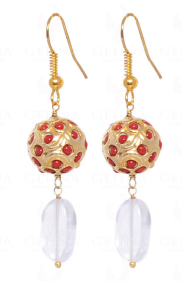 Rock-Crystal Gemstone Bead Earrings With Coral Studded Jadau Ball LE01-1012
