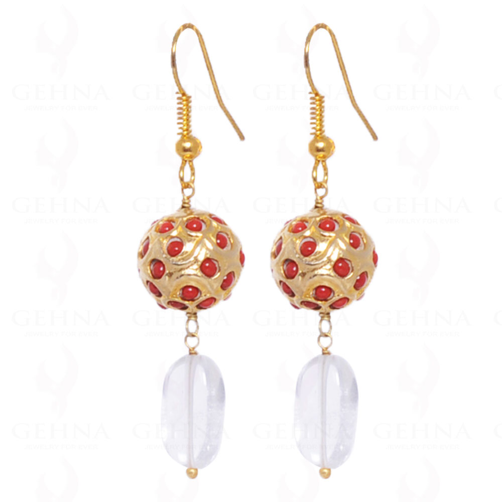 Rock-Crystal Gemstone Bead Earrings With Coral Studded Jadau Ball LE01-1012