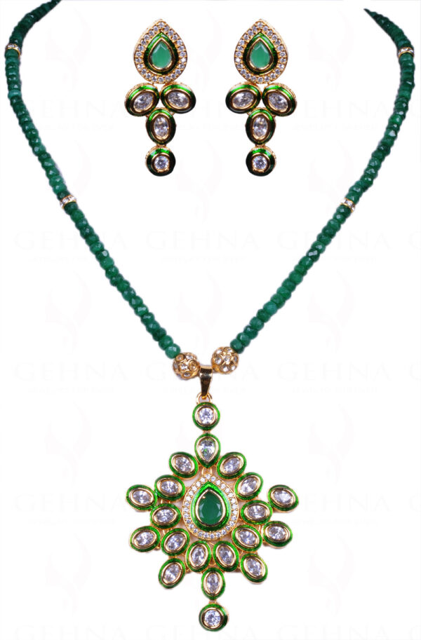 Emerald & White Topaz Studded Tradition Pendant With Emerald Bead Chain FN-1013