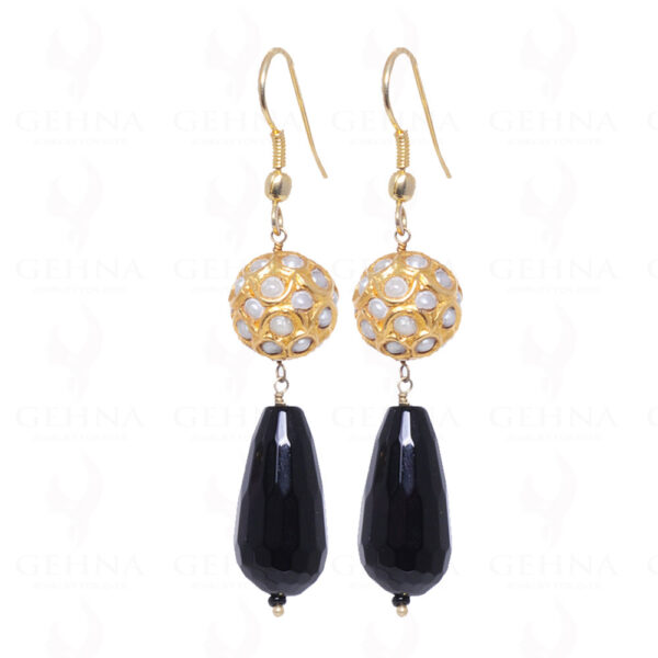 Black Onyx Gemstone Bead Earrings With Pearl Studded Jadau Ball LE01-1013